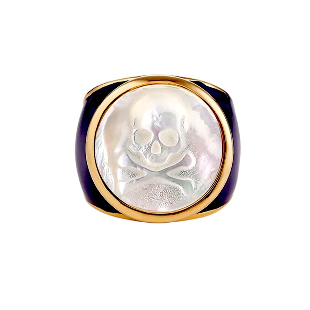 Gold Dipped Ivory Enamel, Mother of Pearl Skull Pearl Cameo